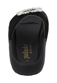 Black sandal featuring a smooth surface, a flat sole, and a decorative crystal accent on the vamp. Brand name "palado" visible.
