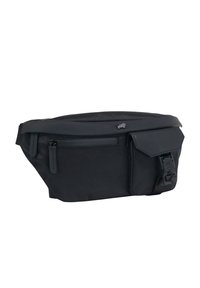 Marsupio in tessuto nero con parte superiore in pelle lavorata, scomparti con cerniera e fibbia regolabile. Presenta un piccolo logo sulla parte anteriore.