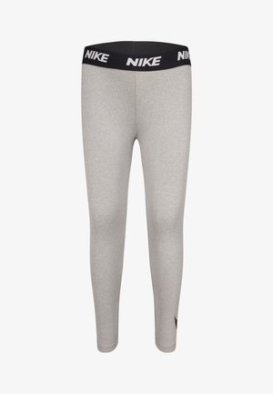 Szürke leggings fekete Nike derékrésszel. Rugalmas anyagból készült, testhezálló kialakítással és egy diszkrét fekete logóval a boka közelében.