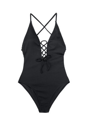 Costume da bagno intero nero a coste con scollatura profonda, fronte con lacci e spalline incrociate. Texture liscia, gambe a taglio alto.