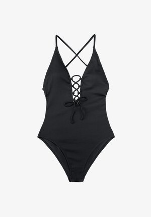 Costume da bagno intero nero a coste con scollatura profonda, fronte con lacci e spalline incrociate. Texture liscia, gambe a taglio alto.