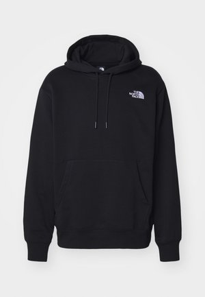 Black hoodie made of soft fabric, featuring a front pocket, drawstring hood, and small white logo on the upper left chest.