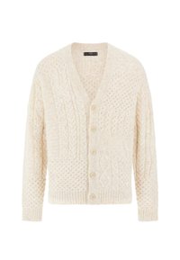 Cremefarbener gestrickter Cardigan mit gemischten Zopfmustern und strukturierten Designs, Knopfverschluss, langen Ärmeln sowie gerippten Bündchen und Saum.