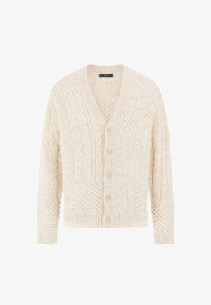 Krémszínű, kötött kardigán vegyes kábel- és textúrált mintákkal, gombos elülső rész, hosszú ujjak, bordázott mandzsetták és alsó szegély.