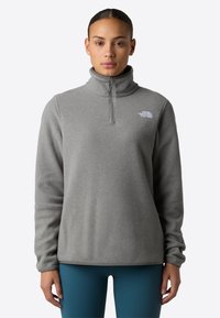 Pullover grigio in pile con colletto alto e chiusura a zip quarti. Presenta un piccolo logo bianco sul lato sinistro del petto. Tessuto morbido, vestibilità rilassata.
