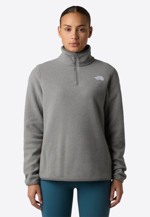 Pull-over en polaire grise avec col haut et fermeture éclair quart de zip. Présente un petit logo blanc sur la poitrine gauche. Texture douce, coupe décontractée.
