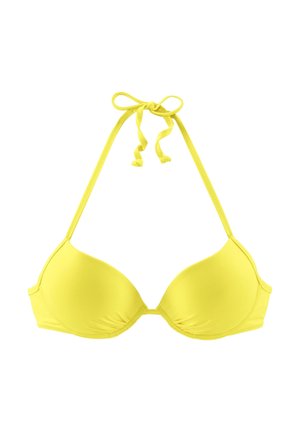 Gelber Bikini-Oberteil mit Dreieckdesign, gepolsterten Cups und verstellbaren Bindebändern am Hals. Glatte Textur und minimale Hardware-Details.
