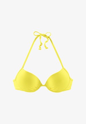 Gelber Bikini-Oberteil mit Dreieckdesign, gepolsterten Cups und verstellbaren Bindebändern am Hals. Glatte Textur und minimale Hardware-Details.