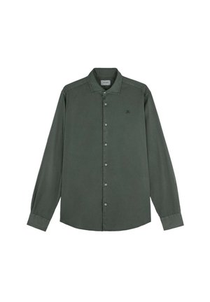 Donker groene, knoopsluiting shirt, gemaakt van zachte stof. Beschikt over lange mouwen, een klassieke kraag en een klein logo op de borst.