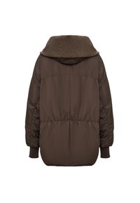 Bruine pufferjas met een nepbontkraag, elastische manchetten en een licht getailleerde taille. Gladde, gewatteerde stof met een ontspannen pasvorm.