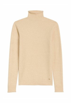 Beżowy sweter z golfem, wykonany z miękkiej dzianiny. Posiada ryflowane mankiety i dół. Prosty projekt bez wzorów czy dodatkowych akcentów.