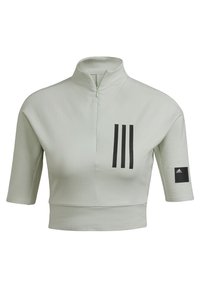 Sudadera corta de color verde claro con cremallera y mangas cortas, que presenta tres rayas negras y un parche con el logo en la manga. Textura de tela suave.