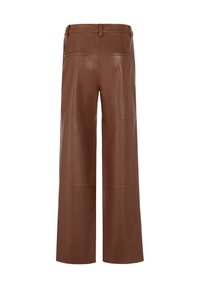 Brown leather wide-leg pants featuring a smooth texture, two back pockets, and a seamless design with a slight sheen.