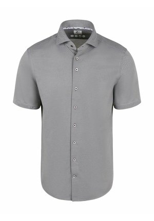 Short-sleeve grey button-up shirt with a classic collar and seven visible buttons down the front.