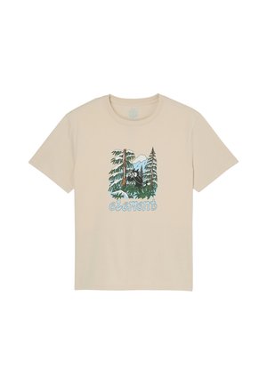 T-shirt beige avec un graphisme d'un chat noir dans une forêt avec des arbres et des montagnes, et le mot "element" sous l'image.