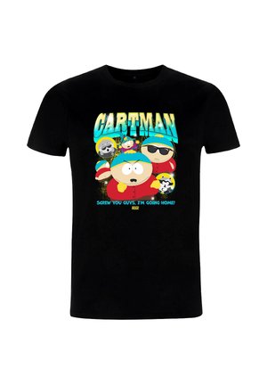 T-shirt noir avec plusieurs images dessinées de Cartman de South Park et le texte « CARTMAN » et « Foutez-moi la paix, les gars, je rentre chez moi ! »