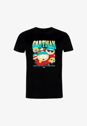 T-shirt noir avec plusieurs images dessinées de Cartman de South Park et le texte « CARTMAN » et « Foutez-moi la paix, les gars, je rentre chez moi ! »