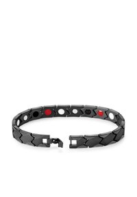 Svart metallarmbånd med sammenflettede lenker og sirkulære detaljer i rødt, hvitt og svart. Sikker lås i designet.