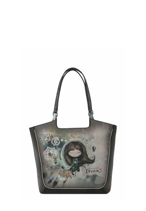 Tote-Bag mit grauem Körper, verziert mit einer bunten Illustration eines Mädchens, dem Text "Die Welt der Träume" und zarten Blumenmustern.