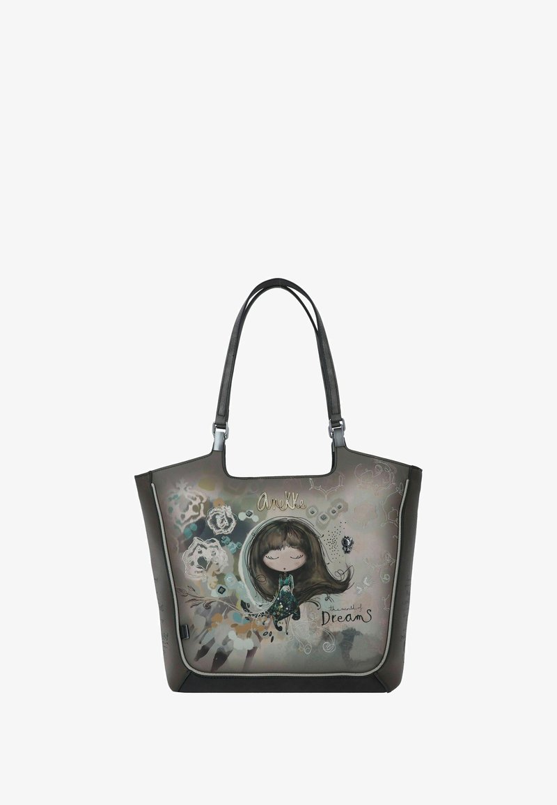 Torba tote o szarym korpusie, z kolorową ilustracją dziewczyny, napisem "świat marzeń" oraz delikatnymi wzorami kwiatowymi.