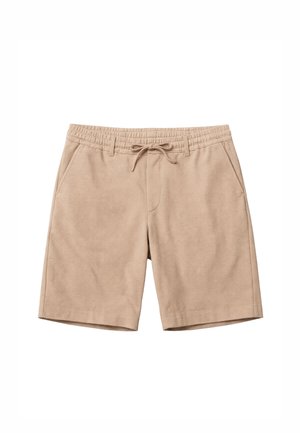 Shorts en tissu beige texturé avec taille élastique, cordon de serrage, passants pour ceinture et poches latérales.