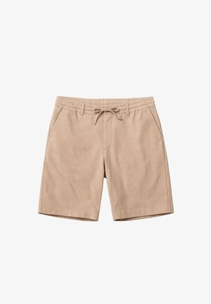 Beżowe szorty z tkaniny o fakturze, z elastycznym paskiem w talii, sznurowaniem, szlufkami na pasek oraz bocznymi kieszeniami.