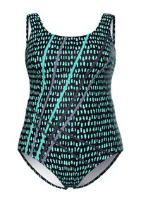 Einteiliger Badeanzug mit schwarzer Grundfarbe, der ein abstraktes türkis-weißes Muster zeigt. Mit grauen Streifen als zusätzliche Details versehen.
