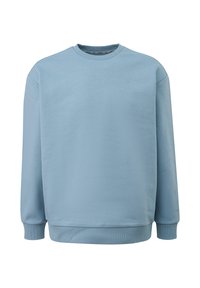 Jasnoniebieska bluza z okrągłym dekoltem, ściągaczami na mankietach i u dołu. Wykonana z miękkiego, teksturowanego materiału. Minimalne logo z przodu.