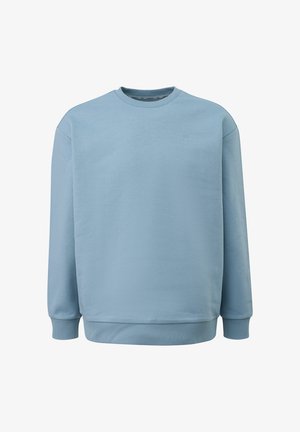 Lichtblauwe sweatshirt met een ronde hals, geribbelde manchetten en zoom. Gemaakt van een zachte, gestructureerde stof. Minimalistisch logo aan de voorkant.