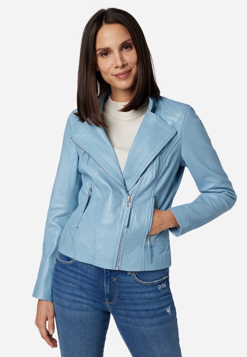 Helleblaue Lederjacke mit breitem Revers, zwei Reißverschlusstaschen und taillierter Passform. Kombiniert mit einem weißen Oberteil und blauen Jeans.
