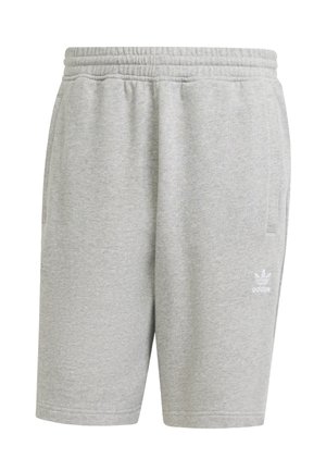 Pilkos medvilnės mišinio šortai su elastinga juosmens juosta, šoninėmis kišenėmis ir mažuoju baltu Adidas logotipu kairiajame šlaunies šone. Vidutinio ilgio iki šlaunų.