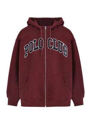 Bordeaux zip-up hoodie med hætte, med "POLO CLUB" i hvid og marineblå tekst på forsiden, forlommer og ribkantede manchetter.
