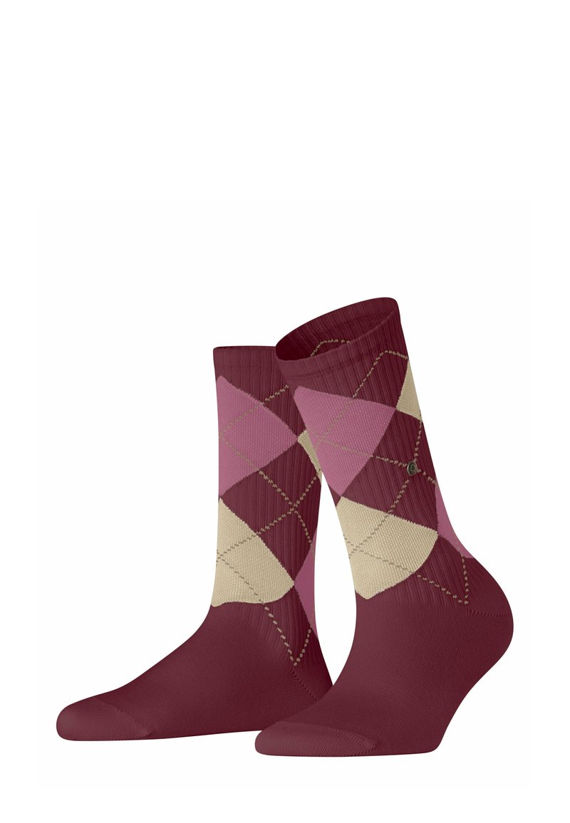 Burgunderfarbene Argyle-Socken mit einem Rautenmuster in rosa und Creme, ausgestattet mit einer gerippten Textur sowie verstärkten Zehen und Fersen.