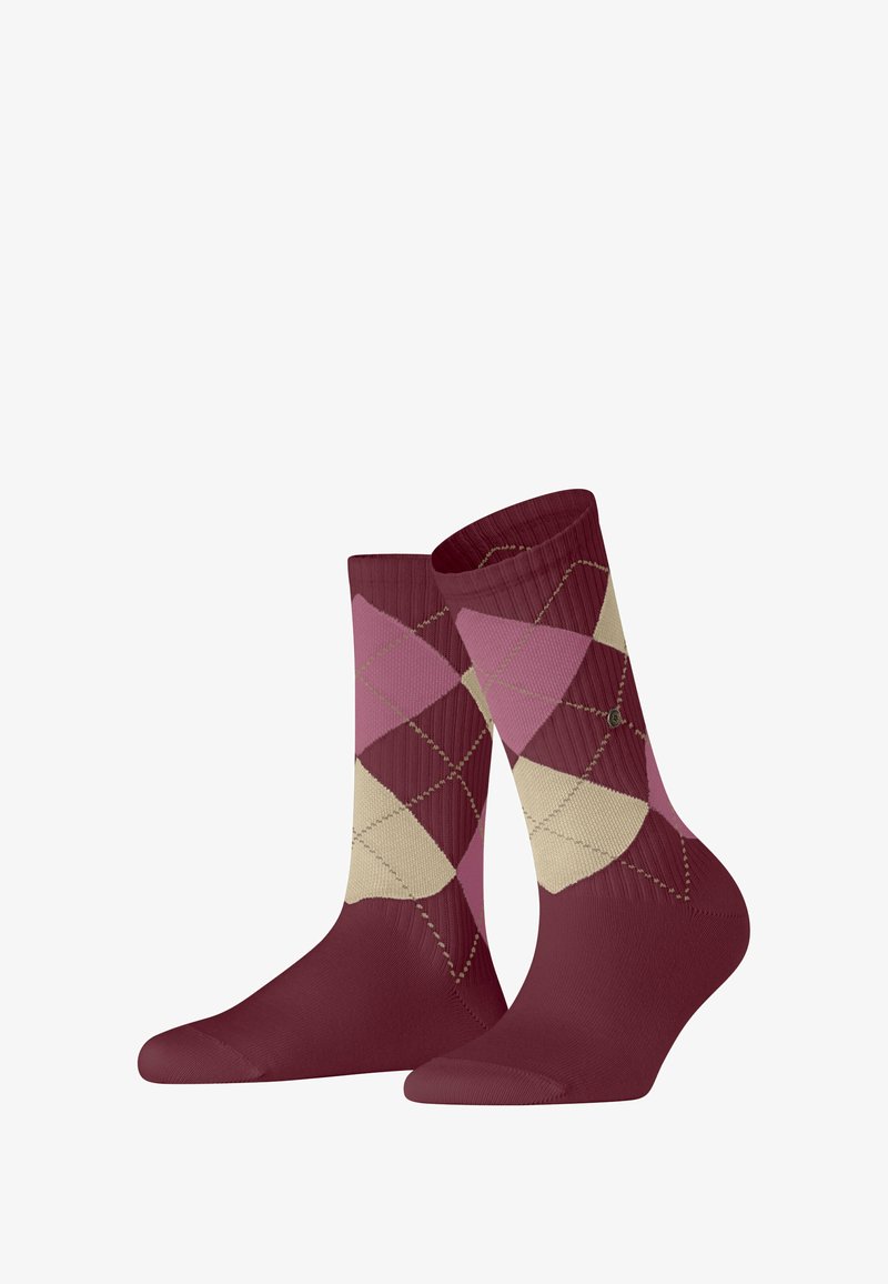 Burgunderfarbene Argyle-Socken mit einem Rautenmuster in rosa und Creme, ausgestattet mit einer gerippten Textur sowie verstärkten Zehen und Fersen.