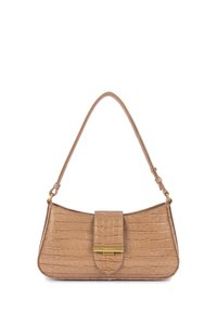Borsa a mano in pelle sintetica color beige con effetto coccodrillo, dalla forma curvata, con pattina superiore piatta e accessori in tono oro. Tracolla singola. Finitura testurizzata.