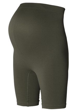 Olivengrønne ribbede graviditetsshorts med høj talje, midt på låret længde og glat tekstur, med en slot-design på siderne.