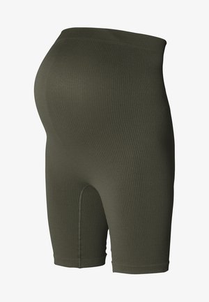 Olive green ribbed fabric maternity shorts with a high waistband, mid-thigh length, and smooth texture, featuring a slot design on the sides.
