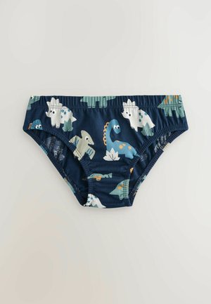 Marinblå simbyxor med olika dinosaurieillustrationer i gröna, vita och orange nyanser; elastisk midja för komfort.