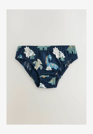 Tamsiai mėlyni maudymosi trumpikiai, puošti įvairiais dinozaurų piešiniais žaliomis, baltomis ir oranžinėmis spalvomis; elastinė liemenėlė patogumui.