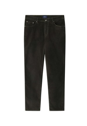 Donkergroene corduroy broek met een slim fit, voorzien van vijf zakken en subtiele stikseldetails. Effen kleur met een gladde textuur.