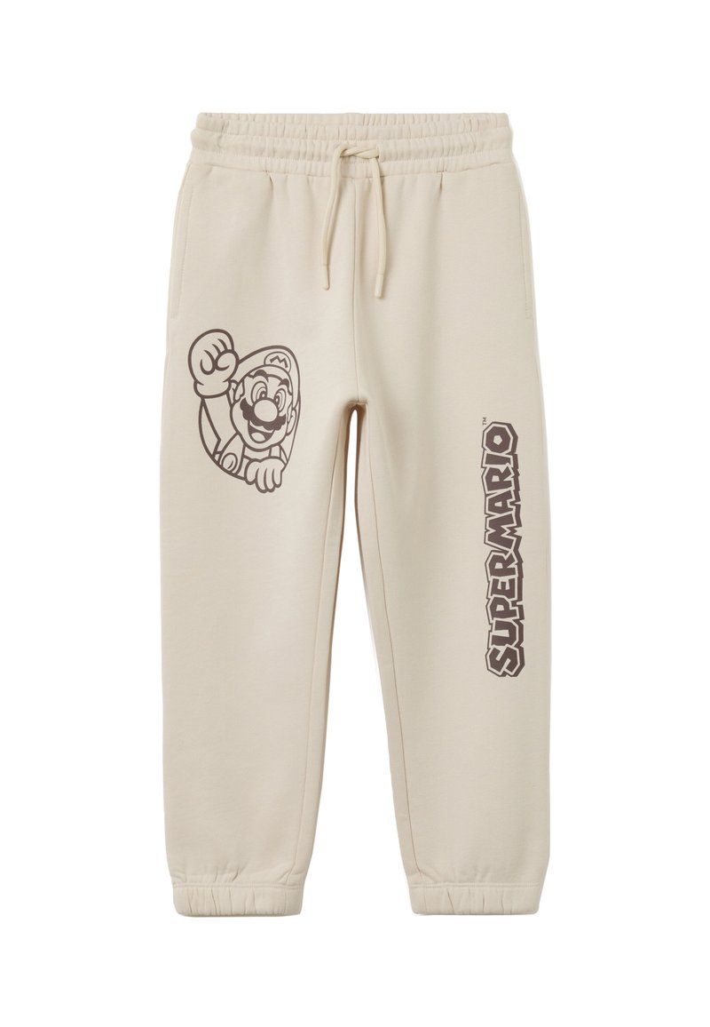 Beige sweatpants met een elastische tailleband en boorden. Op het linkerpantbeen staat een grafisch ontwerp van een personage en de tekst "SUPER MARIO" in donkerbruin.