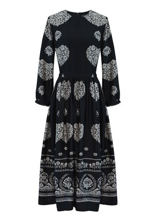 Czarna sukienka midi z długim rękawem, zdobiona białymi, misternymi kwiatowymi i paisley wzorami, dopasowaną talią, okrągłym dekoltem i marszczonym dołem.