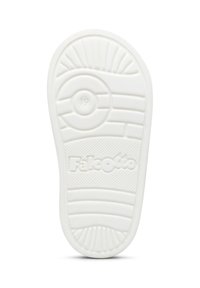 Suola di scarpa in gomma bianca con motivo di grip testurizzato, caratterizzato da disegni circolari e lineari. "Falcotto" stampato vicino al tallone. Taglia 19 indicata.