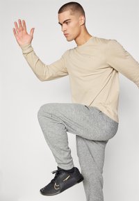 Šviesiai ruda ilgomis rankovėmis marškinėliai, pilki sportiniai džinsai, juodi sportiniai bateliai su auksiniais akcentais. Modelis dinamikoje, su pakelta ranka ir kelio koja pakelta.