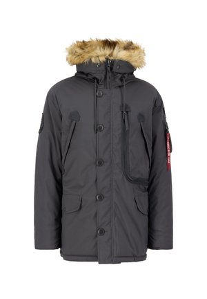 Parka bunda v tmavosivej farbe s kapucňou lemovanou umelou kožušinou, prednými gombíkmi, množstvom vreciek a bočným zipsom. Navrhnutá na teplo.