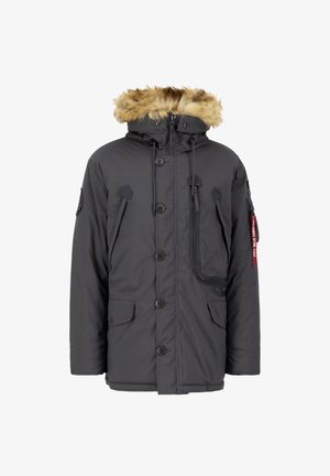 Czarna parka w ciemnoszarym kolorze z kapturem wykończonym sztucznym futrem, z przodu zapinana na guziki, z wieloma kieszeniami oraz detalem na boku w postaci zamka. Stworzona z myślą o cieple.