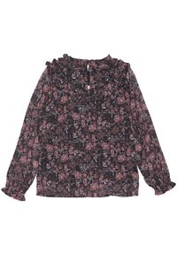 Blommig blus i transparent tyg med svart bakgrund och rosa samt lila blommor, långa ärmar, volangkrage och samlade manschetter.