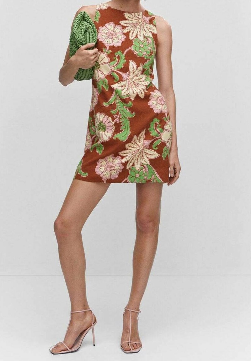 mango brown floral dress Day - Featuring a round neck