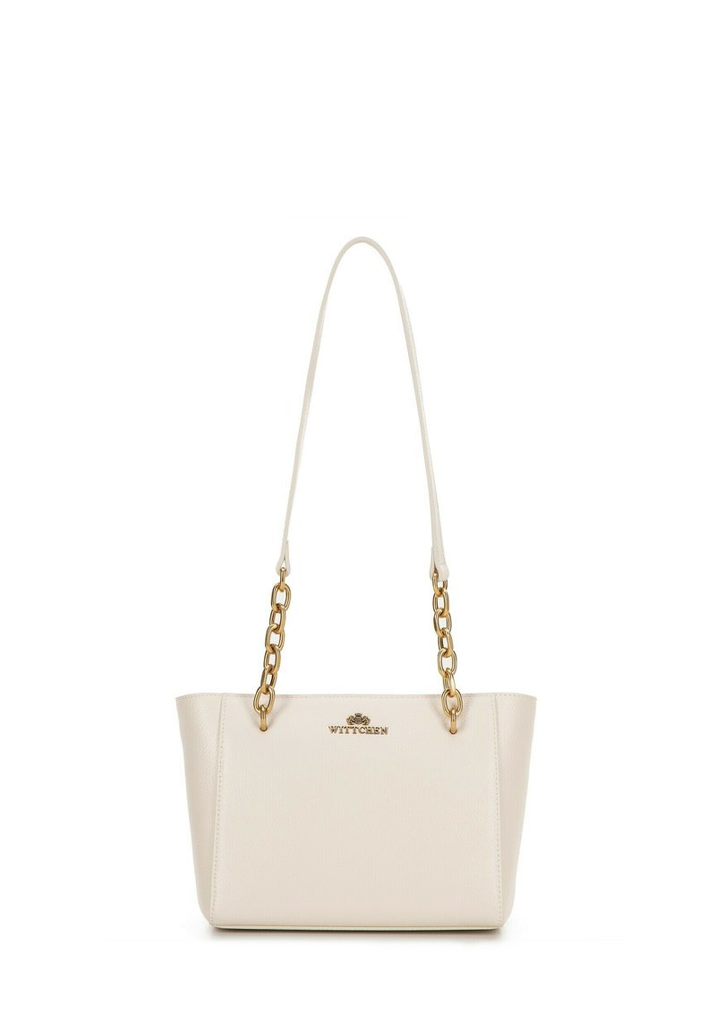 Borsa tote color beige chiaro con una finitura in faux leather testurizzato, cinturini in catena dorata e logo impresso sul fronte.