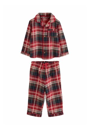 Punavihreä-valkoraidallinen pitkähihainen napillinen yläosa jossa rintatasku ja saman kuosin kuminauhalla säädettävät housut, pyjamapuku.